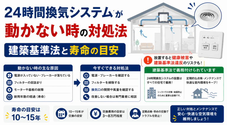 24時間換気システムが動かない時の対処法｜建築基準法と寿命の目安