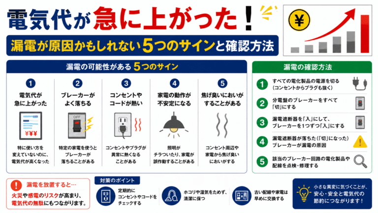 電気代が急に上がった！漏電が原因かもしれない5つのサインと確認方法