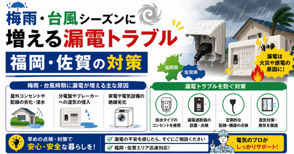 梅雨と台風シーズンに増える漏電トラブル｜福岡・佐賀の電気工事士が解説